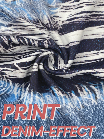 Plus Size to 4XL Women's Tight Imitation Denim Printed Ripped Pattern High Waisted Elastic
