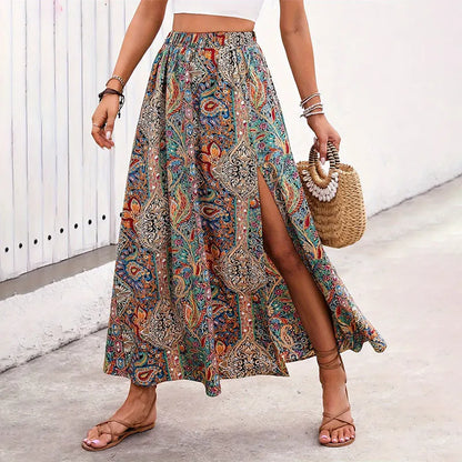 Bohemian Retro Floral Print Skirts Indie Folk High Waist A-Line Pleated Long Skirts with Slit