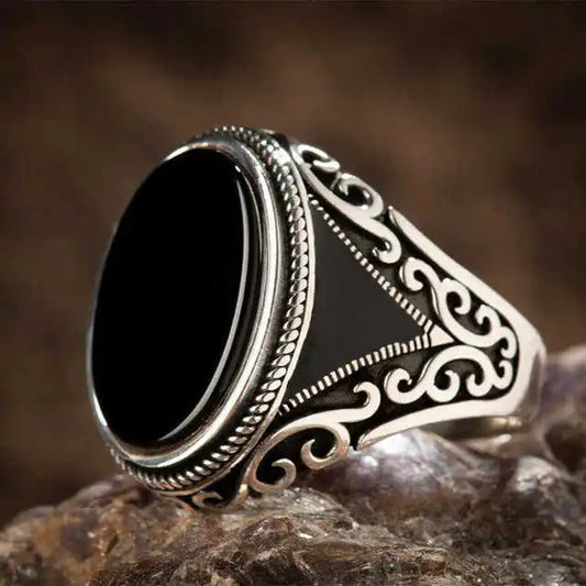 Retro Handmade Turkish Signet Ring  Vintage Silver Color Carving Pattern Inlay