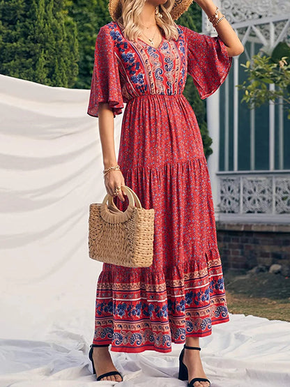 Maxi Length Boho Print Short Bell Sleeves V Neck High Waisted