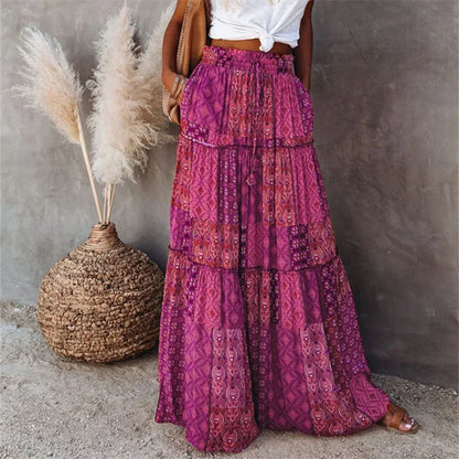 Bohemian Long Skirt with  Elastic High Waist, Tiered A-line with Pockets