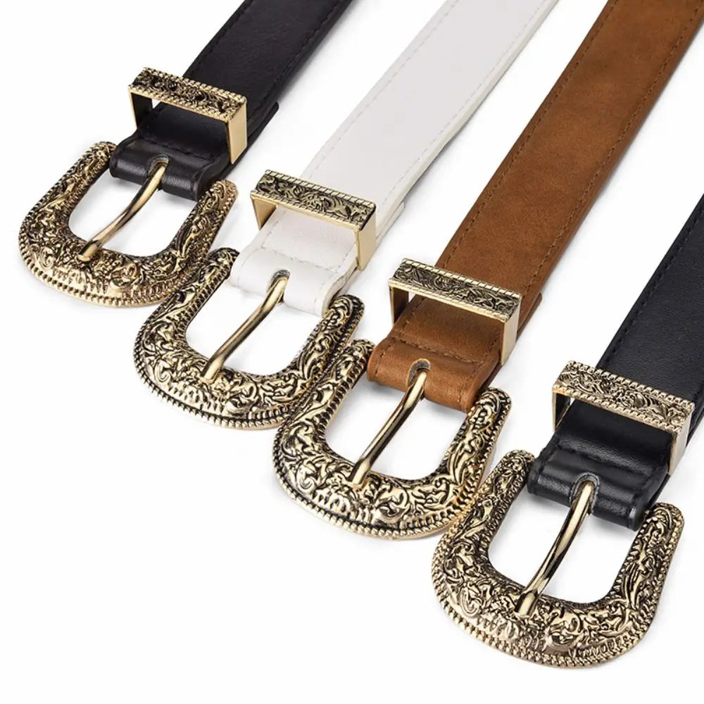 Vintage Carved Needle Buckle Belt PU Leather Belt