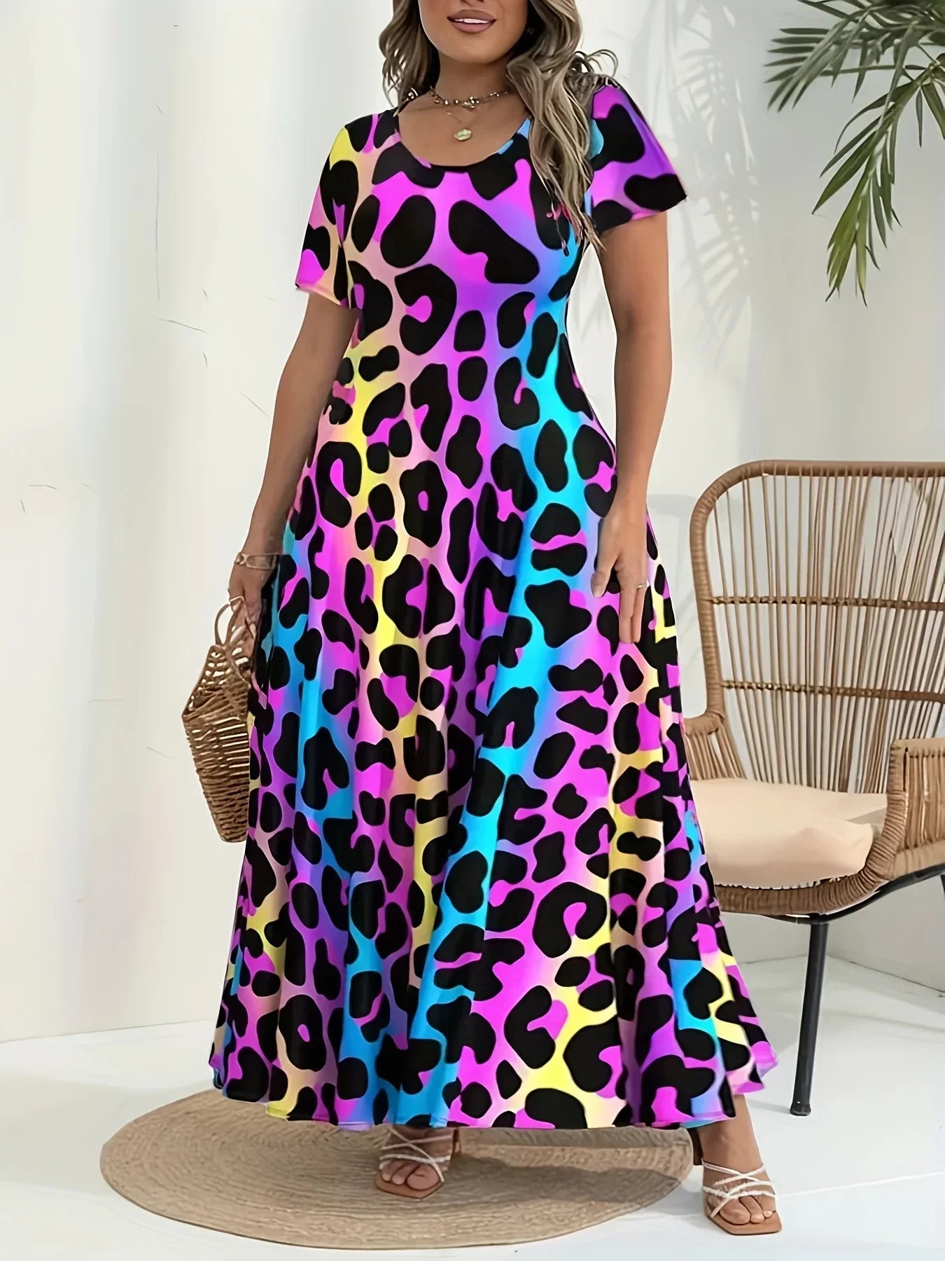 Sizes 1XL-5XL Casual Print Round Neck Short Sleeved Flared Hem Long Dress