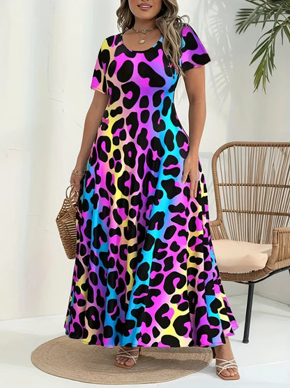 Sizes 1XL-5XL Casual Print Round Neck Short Sleeved Flared Hem Long Dress