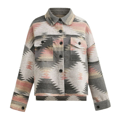 Vintage Loose Denim Jacket, Aztec Retro Ethnic Style, Long Sleeved, Shirt Collar, Sizes to XXL