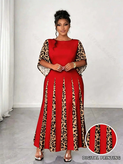 Sizes to 5XL in 3 colors, Elegant Leopard Print Maxi Dress, 3/4 Sleeve, Comfortable & Stylish