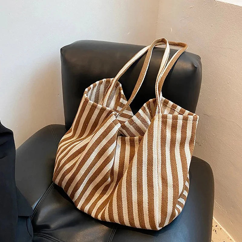 Large Capacity Canvas Shopper Tote Simple Striped Shoulder Bag Multifunctional