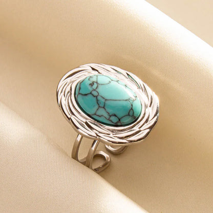 1pc Boho Turquoise Ring Stainless Steel Light Blue Gemstone Silver Adjustable Ring