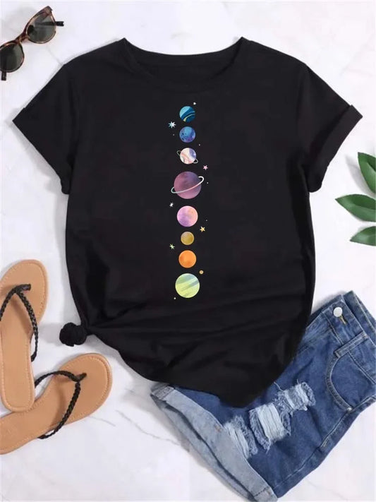 Sizes to 3XL Moon Planet Print Tee Shirts Casual Round Neck Short Sleeve Vintage Tops