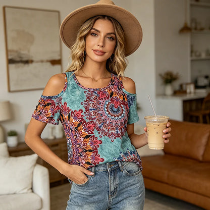 Bohemian Mandala Open Shoulder T-Shirt, Casual, Geometric Print, Short Sleeve, Loose Fit