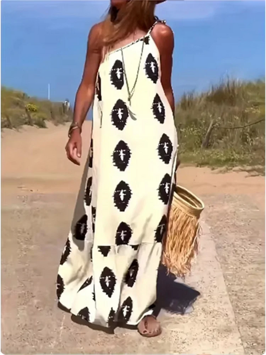 Bohemian Dress to 2XL  One Sloping Shoulder, Loose Long Dress