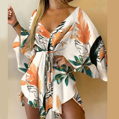 Boho Print Mini Dress or Beach Cover-Up in 12 different Prints, V-Neck, Bat Sleeves, Short Angular Hem, Gathered Waist