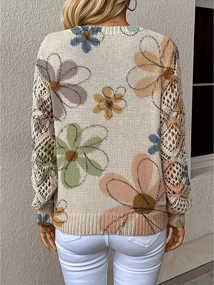 Boho Floral Print V Neck Crocheted Long Sleeved Sweater with Hollowed Out Knit Sleeves in 12 Different Designs