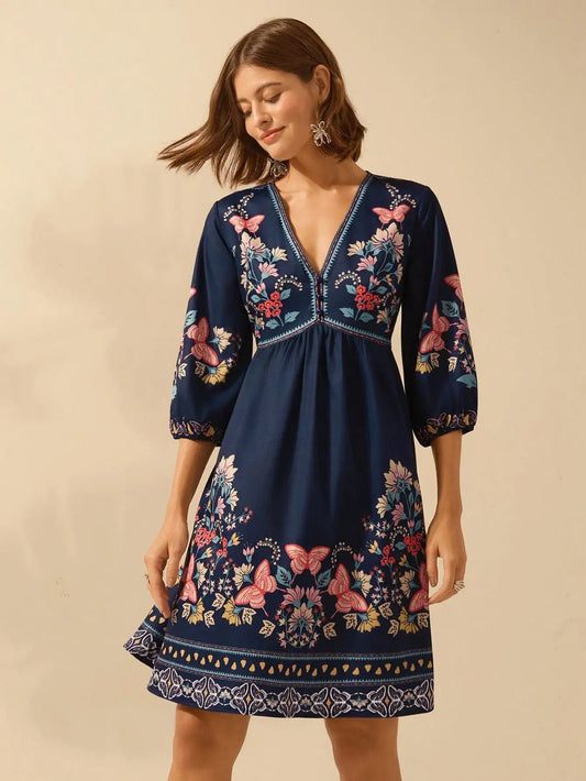 Boho Floral Print Puff Sleeve V-Neck Navy Mini Dress