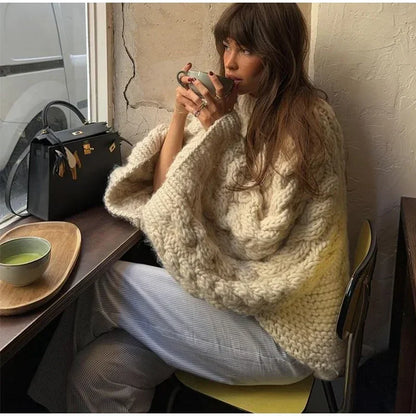 Long Sleeve Prairie Sweater Chic Solid Vintage Oversize Turtleneck Pullover