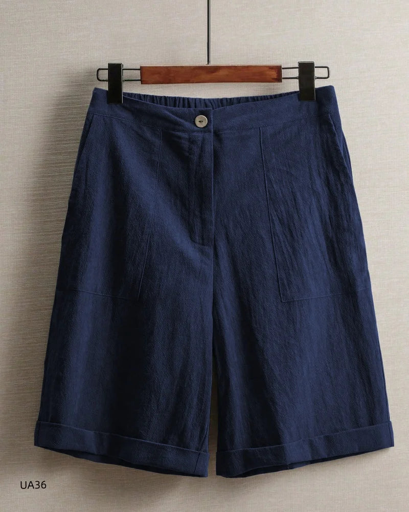 Casual Cotton Linen Knee-Length Shorts, Elastic Waist, Bermuda Shorts with Pockets, in 5 Colors