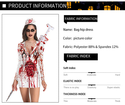 Bloody Nurse Cosplay Costume Dress Long Sleeves Sexy Tight Nurse Uniform and Skeleton Uniform.  Plus others