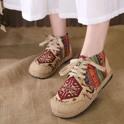 Boho Cotton Linen Canvas Round Toe Lace Up Cloth Shoes Size 35-44