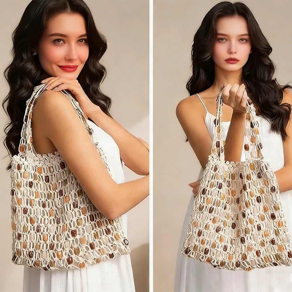 Boho Crochet Shoulder Bag Colorful Beaded  Tote Handbag