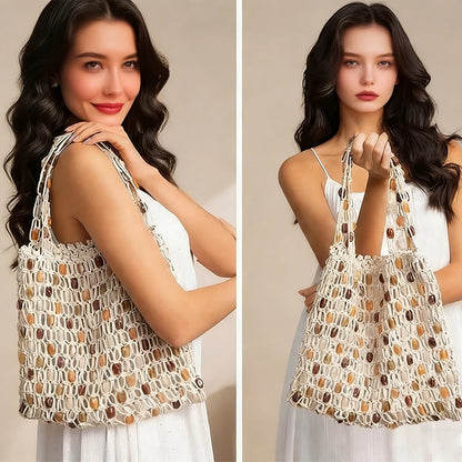 Boho Crochet Shoulder Bag Colorful Beaded  Tote Handbag