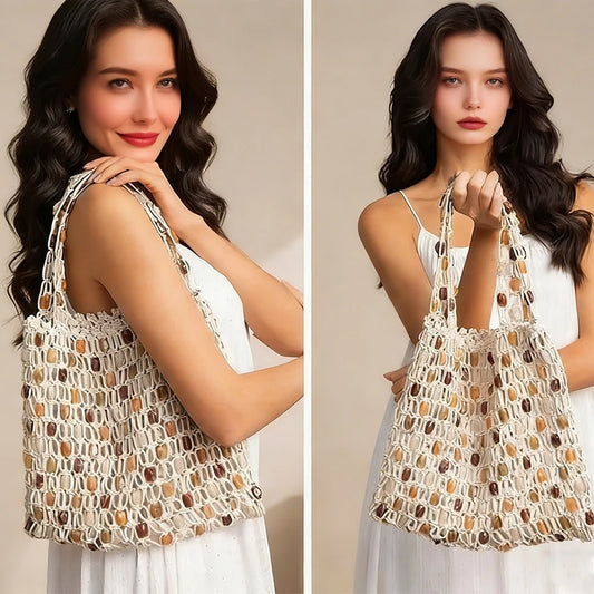 Boho Crochet Shoulder Bag Colorful Beaded  Tote Handbag