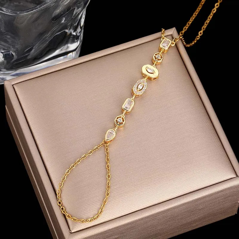 Stainless Steel Colorful Crystal Hand Chain Bracelet; Gold Color Water Drop Finger Bangle Bracelet
