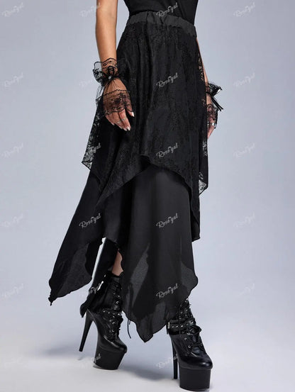 Sizes to 5XL Gothic Asymmetrical Skirt with Layered Lace Overlay, Handky Hem, Flowy Maxi Skirt Black, Deep Red, and White