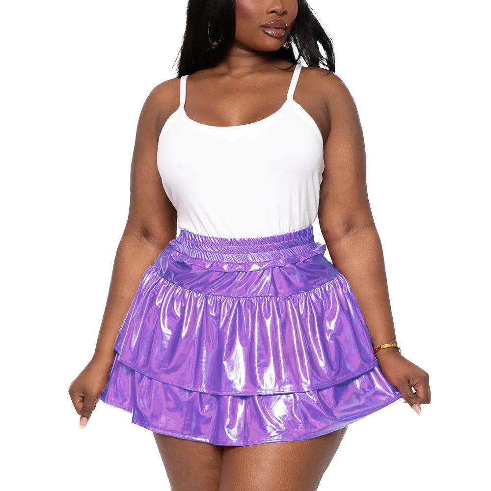 Sizes to 8XL!! Hologram Laser Tiered Pleated Mini Skirts, High Elastic Waist, A-line