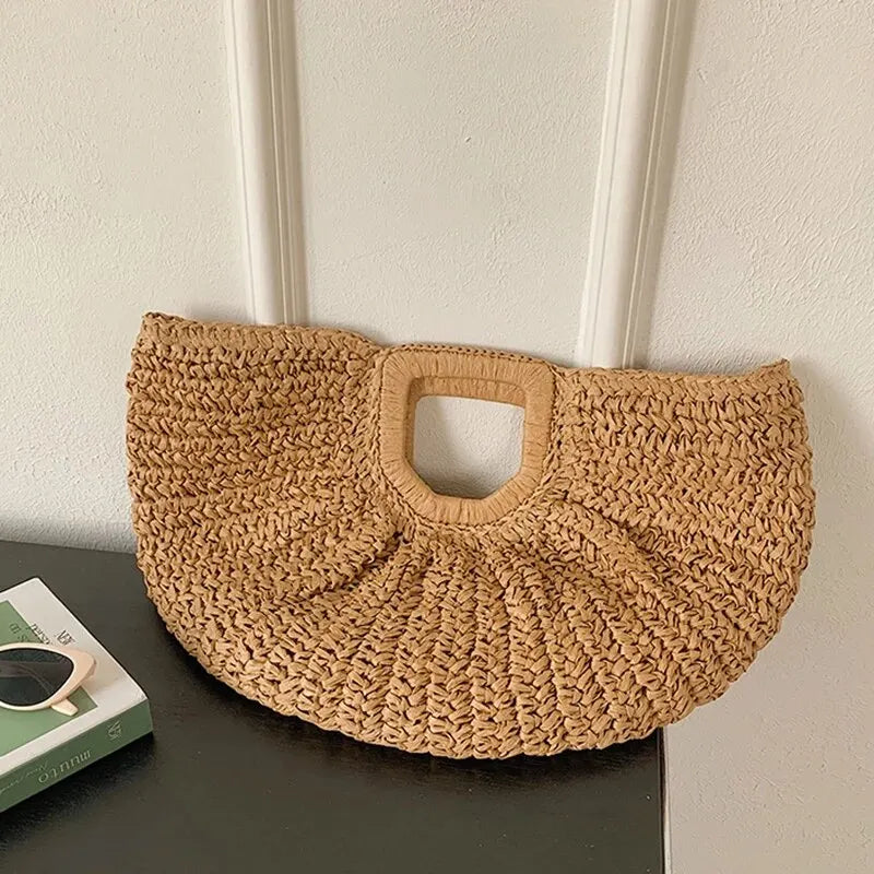 Straw Half-moon Rattan Handbag Handmade Handle Kintted Tote Bag