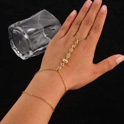 Stainless Steel Colorful Crystal Hand Chain Bracelet; Gold Color Water Drop Finger Bangle Bracelet