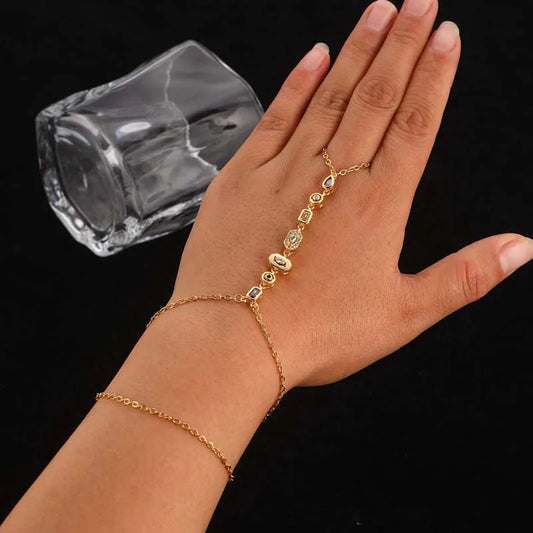 Stainless Steel Colorful Crystal Hand Chain Bracelet; Gold Color Water Drop Finger Bangle Bracelet