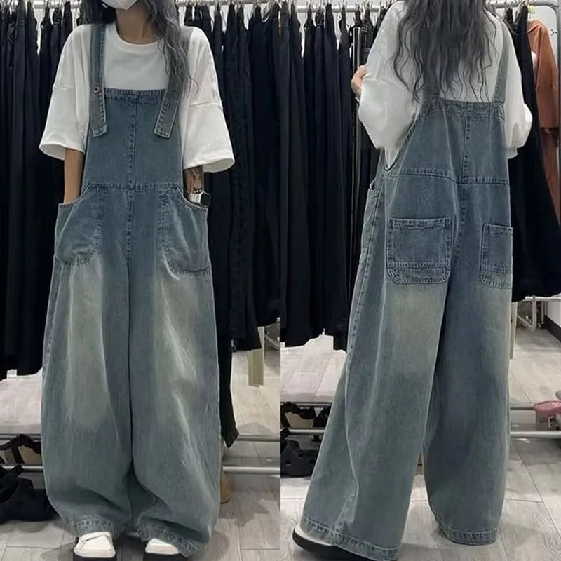 Retro Light Wash Denim Overalls for  Loose High Waist Baggy Leg Jumpsuit with Big Pockets