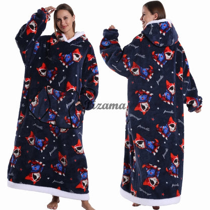 Super Long Flannel Pullover Night Shirt with Pocket and Hood, Super Snuggly for Men and Women, 12 Different Prints