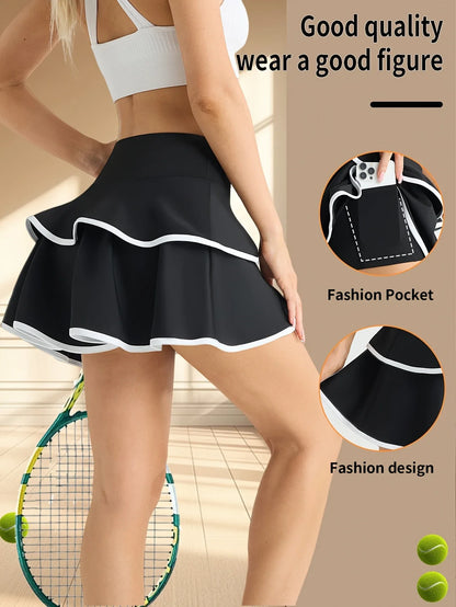 High Waist Color Block Skort With Inner Pockets Tennis Pleated Skirts
