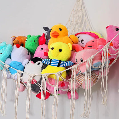 9 different colors of this Boho Macrame Stuffed Animal Hammock Cotton Tassel Toy Storage Net, Hanging Organizer