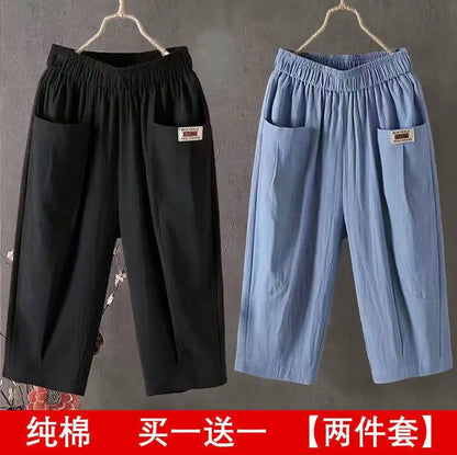 Cotton Linen Cropped 3/4 Length Pants, Loose, Linen with Elastic Waist and Pockets