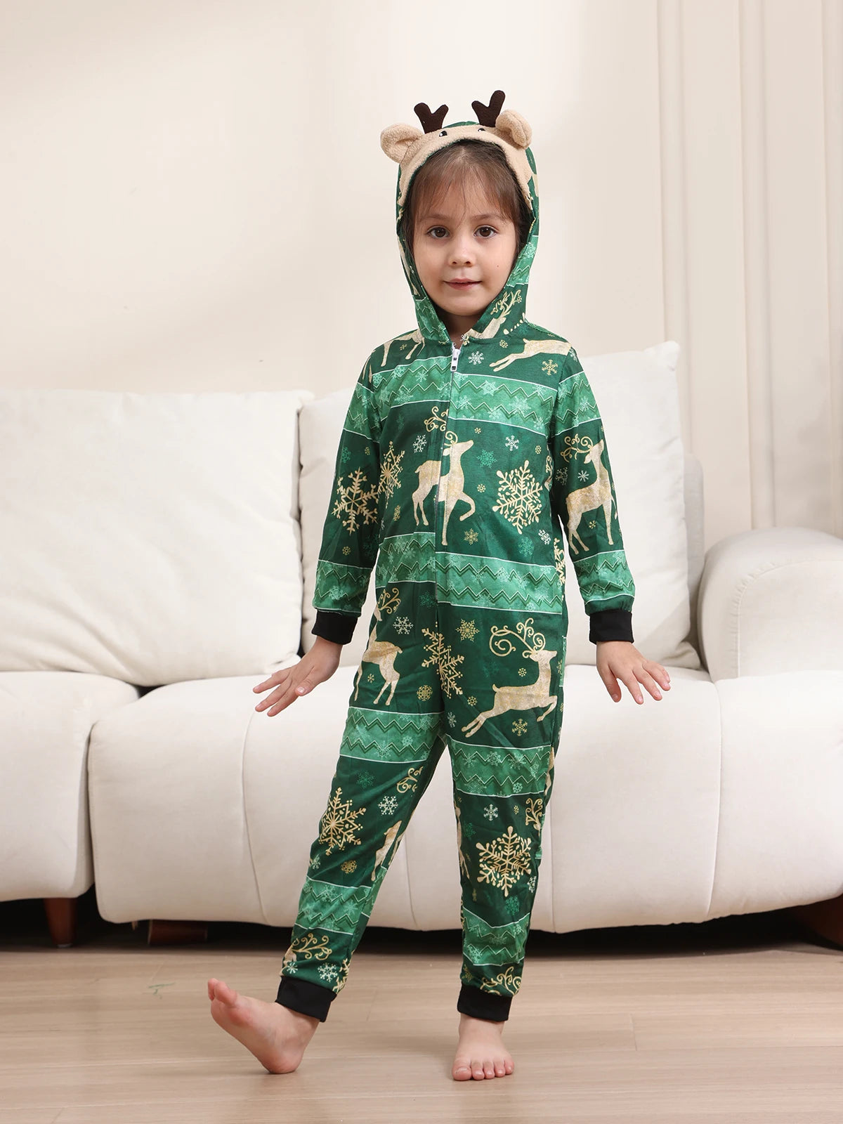 Family Rompers pajamas, hooded, zipper front, long sleeves and long pant legs, Comes in Red and Green