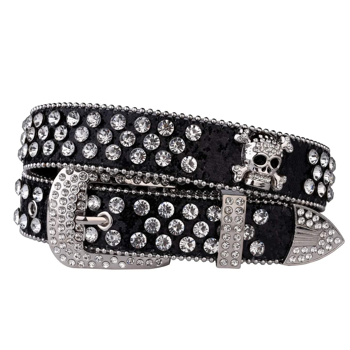 Rhinestone Skull Belt with Studded PU Leather Country or Punk Belt. Also in Silver and Pink PU Leather