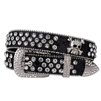 Rhinestone Skull Belt with Studded PU Leather Country or Punk Belt. Also in Silver and Pink PU Leather
