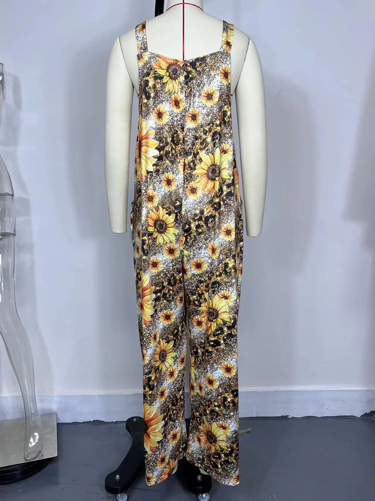 Sizes to 5XL   Square Neck Flower Print Sling jumpsuit with Pockets