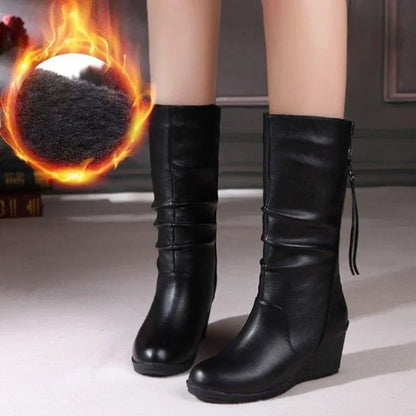 Boots with Wedged Heels, Thick Warm Wool Lining, Mid-calf Snow Boots