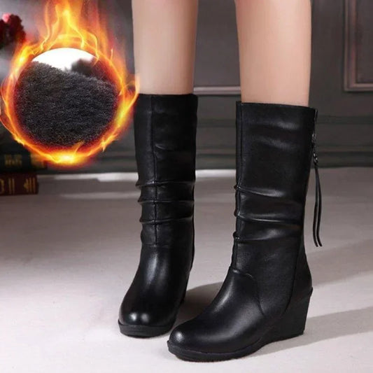 Boots with Wedged Heels, Thick Warm Wool Lining, Mid-calf Snow Boots