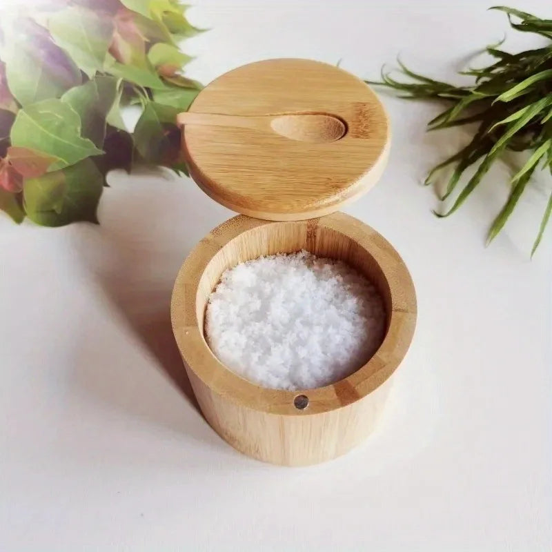Salt, Pepper, Sugar Condiment Bowl, Bamboo with Spoon in Lid