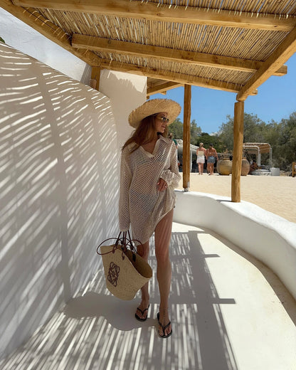 Solid Color Beach Knit Mini Dress, Long Sleeve Swimsuit Cover Up, Boho Holiday Loose Overwear