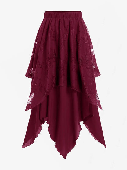 Sizes to 5XL Gothic Asymmetrical Skirt with Layered Lace Overlay, Handky Hem, Flowy Maxi Skirt Black, Deep Red, and White
