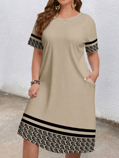 Sizes to 5XL, short-sleeved, round-neck, geometric ethnic borders, loose fit with pockets