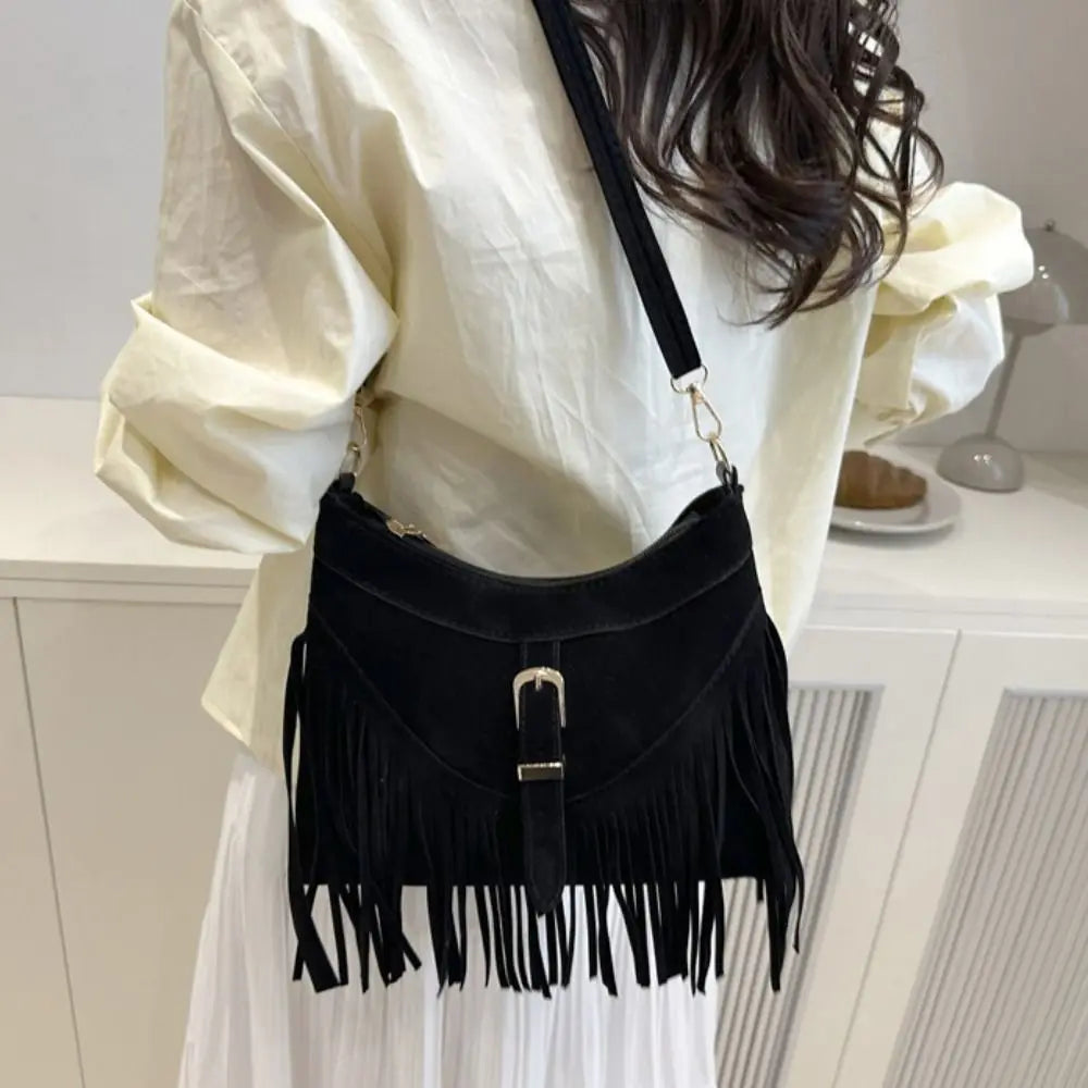 Bohemian Suede Leather Under-Arm Zipper, Tassels, Shoulder Bag, Solid Color PU Leather, Black, Grey, Coffee, and Light Brown