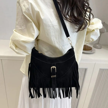 Bohemian Suede Leather Under-Arm Zipper, Tassels, Shoulder Bag, Solid Color PU Leather, Black, Grey, Coffee, and Light Brown