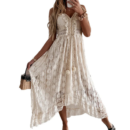 Bohemian Summer Casual V Neck Lace Spaghetti Strap Sundress with High/Low Hem
