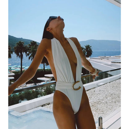 Two-Piece Swimsuit with Plunging Neckline Halter Top Swimwear with SSwiikirt cover-up